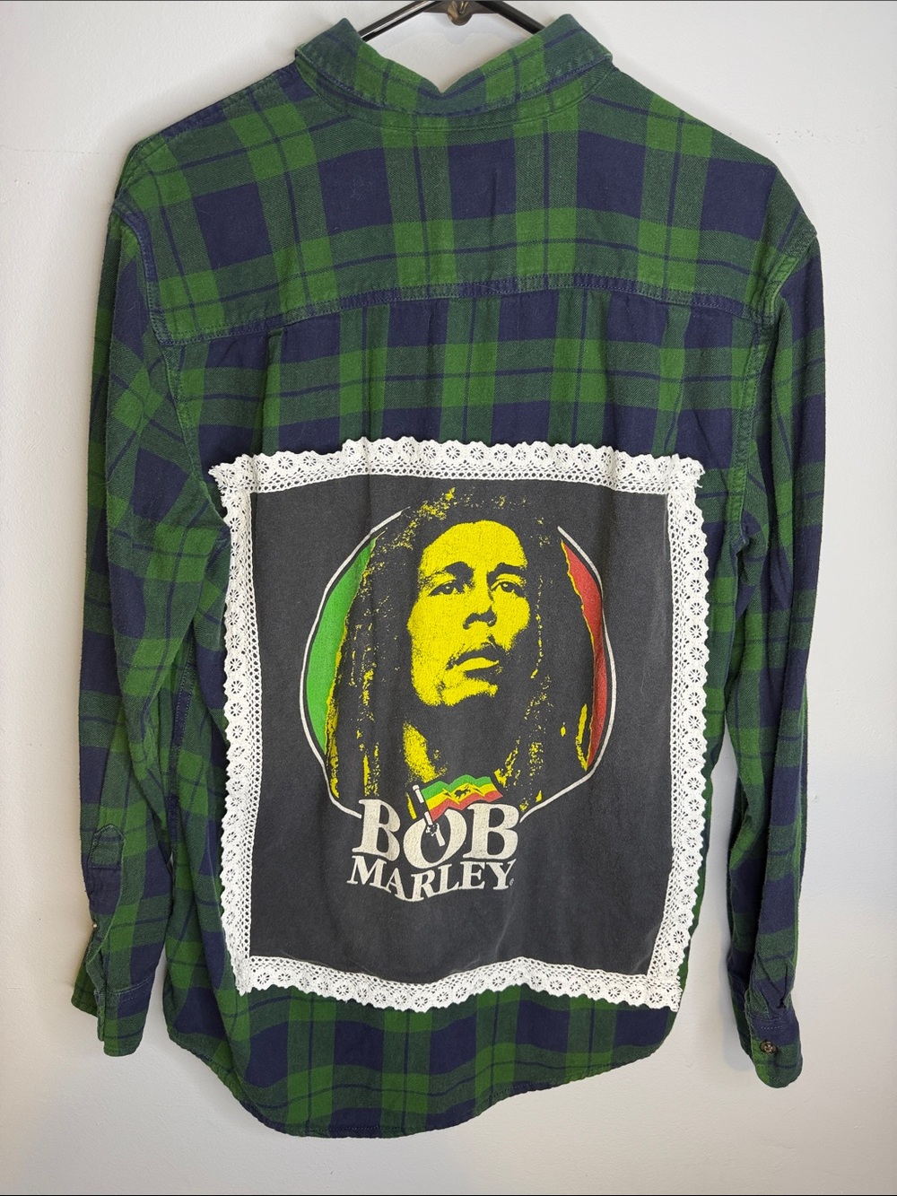 Upcycled OOAK Plaid Flannel with Bob Marley Graphic Back